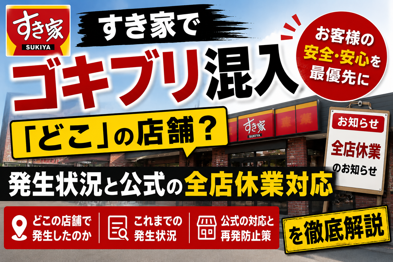 すき家のゴキブリ混入が発生した店舗と全店休業の経緯