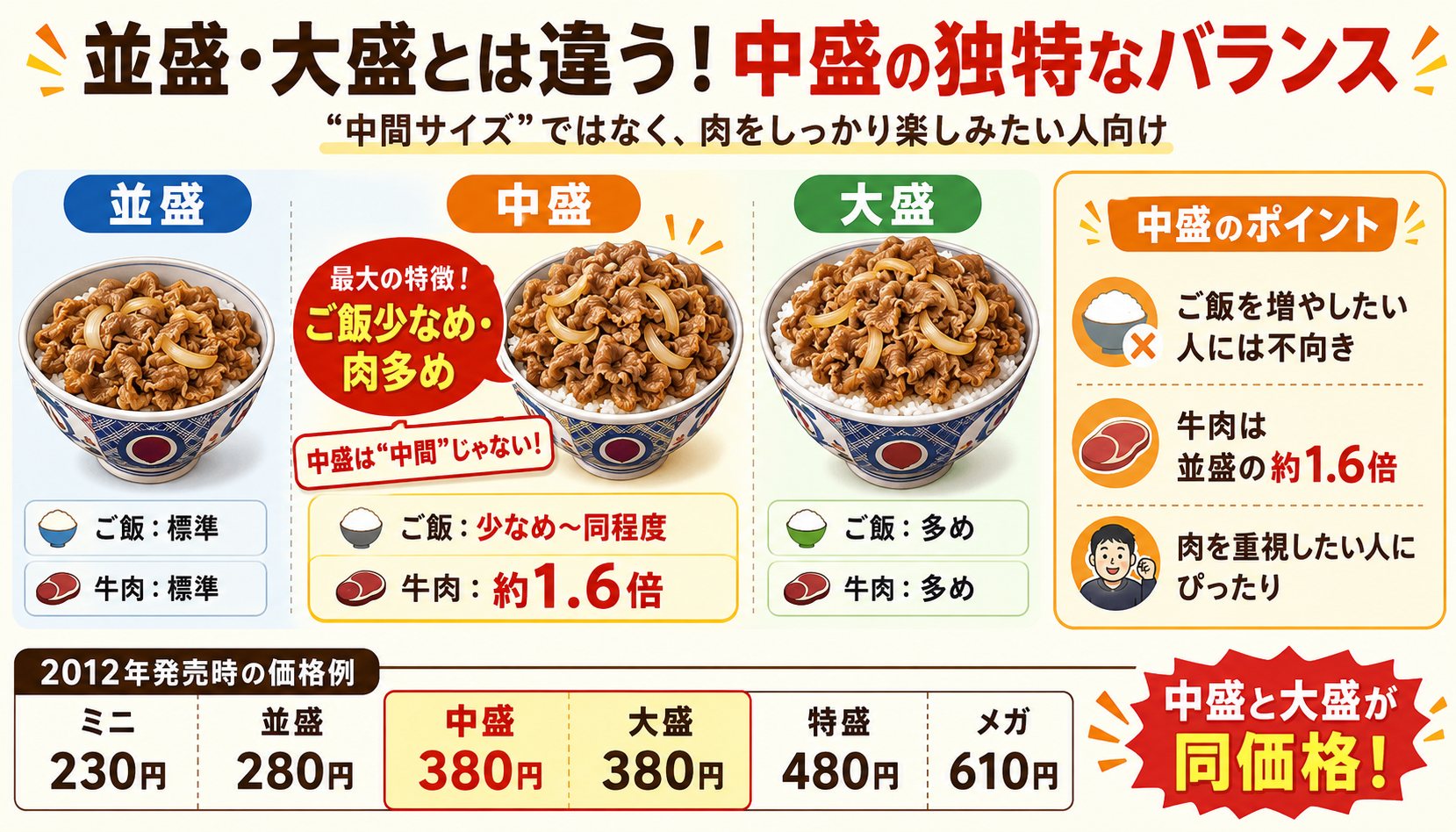 すき家の中盛と並盛・大盛の違い